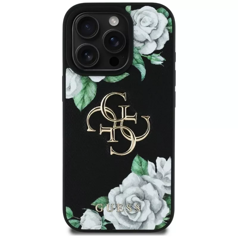 Guess Grained Roses Big 4G Logo Case Apple iPhone 16 Pro, musta