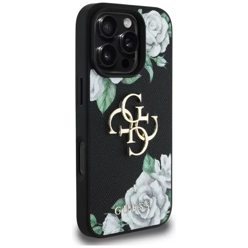 Guess Grained Roses Big 4G Logo Case Apple iPhone 16 Pro, musta