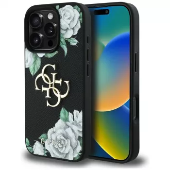 Guess Grained Roses Big 4G Logo Case iPhone 16 Pro Max, musta