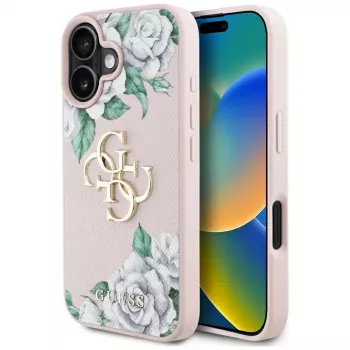 Guess Grained Roses Big 4G Logo Case Apple iPhone 16, pinkki