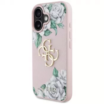 Guess Grained Roses Big 4G Logo Case Apple iPhone 16, pinkki