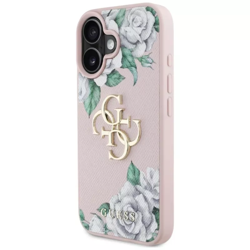 Guess Grained Roses Big 4G Logo Case Apple iPhone 16, pinkki