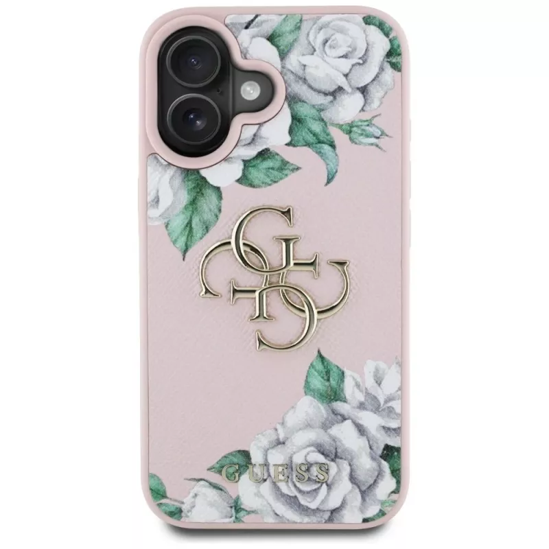 Guess Grained Roses Big 4G Logo Case Apple iPhone 16, pinkki
