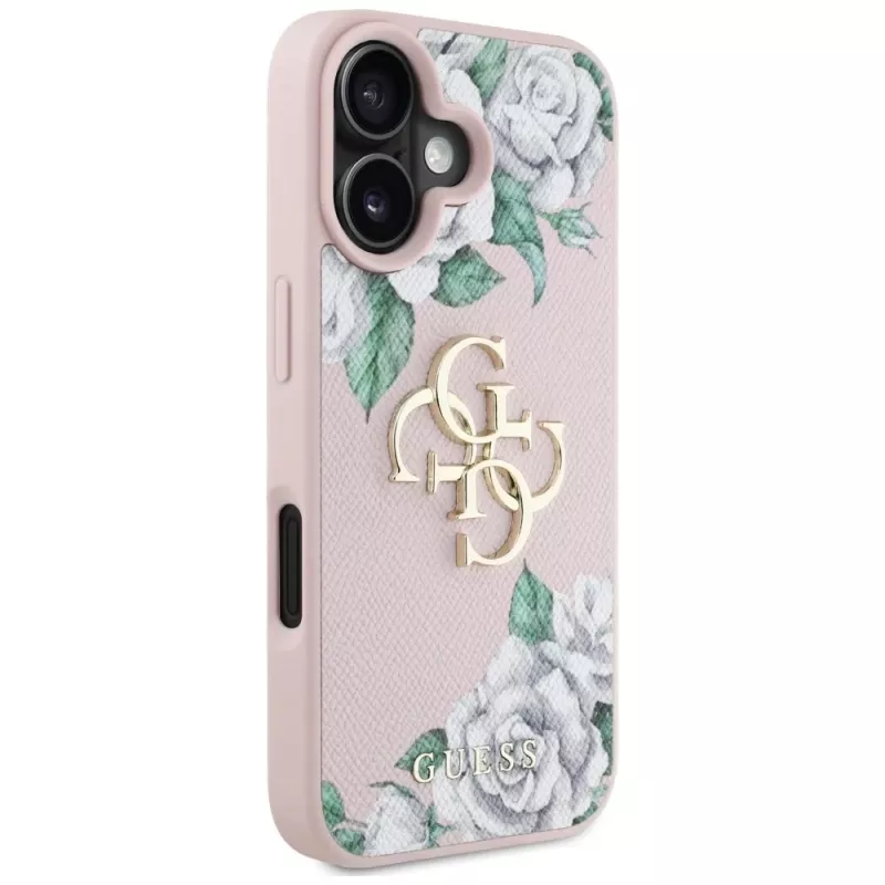 Guess Grained Roses Big 4G Logo Case Apple iPhone 16, pinkki