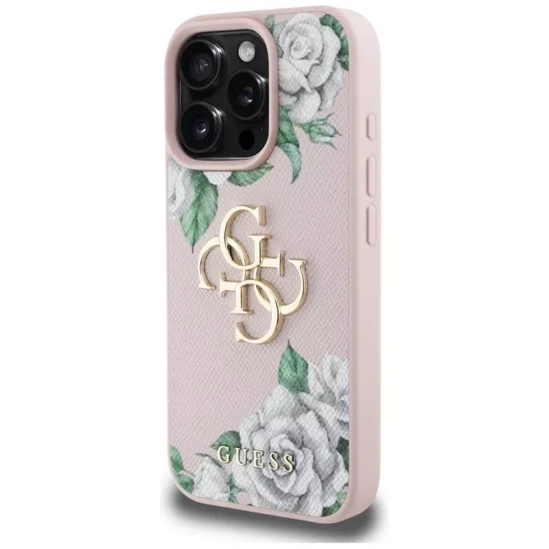Guess Grained Roses Big 4G Logo Case Apple iPhone 16 Pro, pinkki