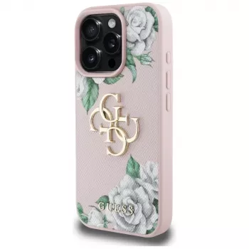 Guess Grained Roses Big 4G Logo Case iPhone 16 Pro Max, pinkki