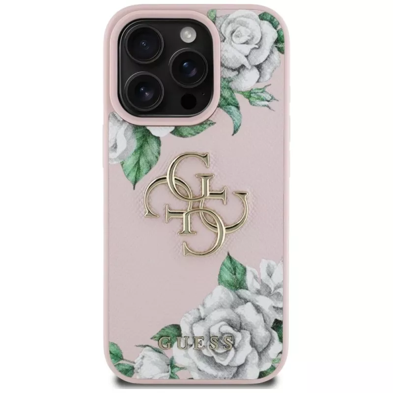 Guess Grained Roses Big 4G Logo Case iPhone 16 Pro Max, pinkki