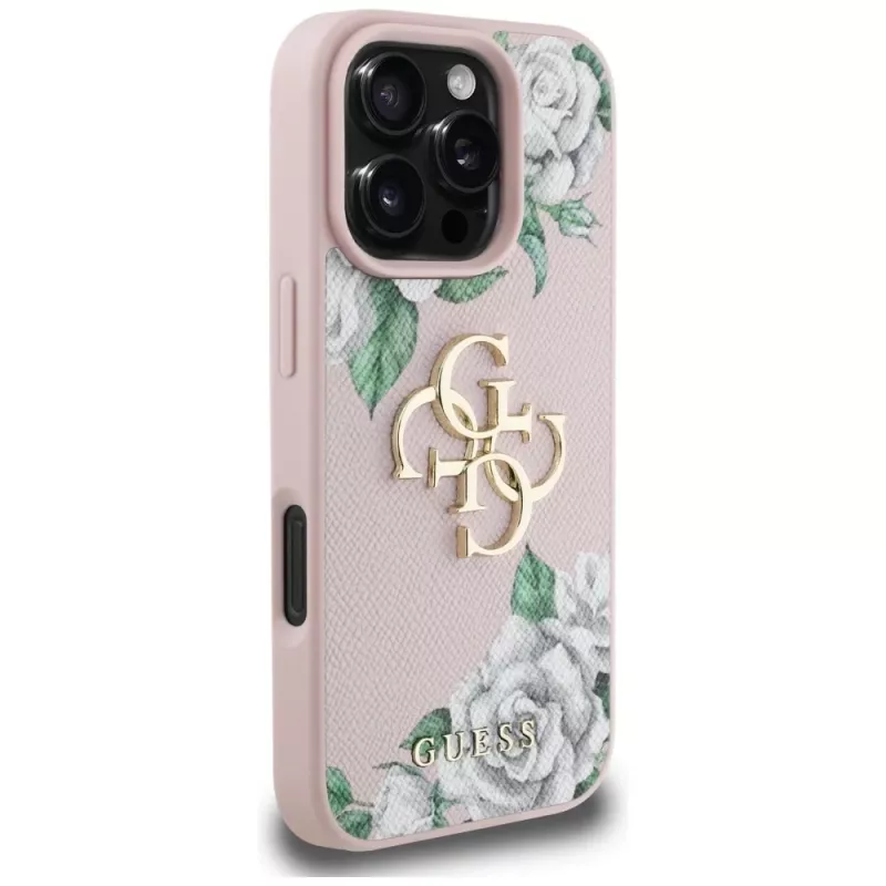 Guess Grained Roses Big 4G Logo Case iPhone 16 Pro Max, pinkki