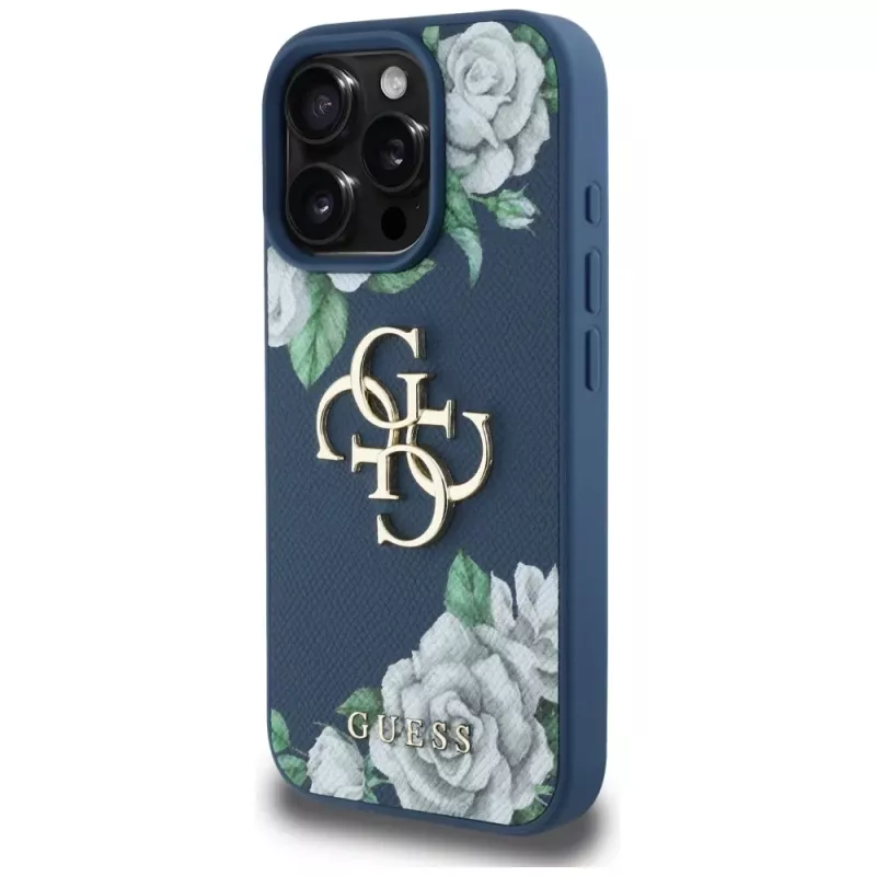 Guess Grained Roses Big 4G Logo Back Cover Case Apple iPhone 16 Pro - sininen