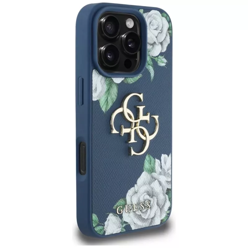 Guess Grained Roses Big 4G Logo Back Cover Case Apple iPhone 16 Pro - sininen