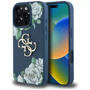 Guess Grained Roses Big 4G Logo -puhelinkotelo iPhone 16 Pro Max, sininen