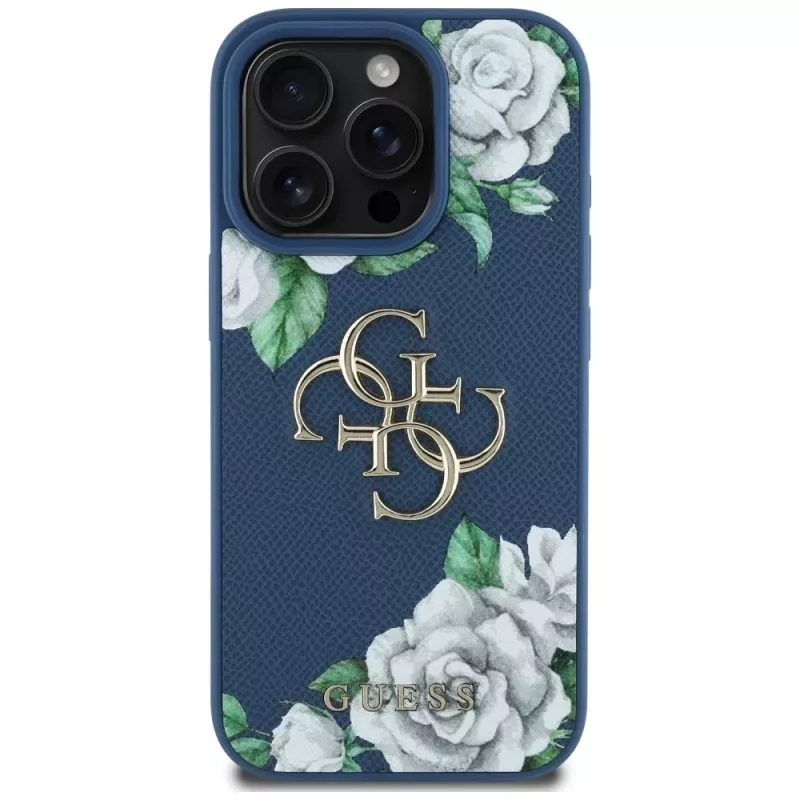 Guess Grained Roses Big 4G Logo -puhelinkotelo iPhone 16 Pro Max, sininen