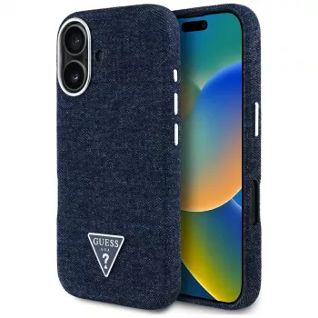 Guess Denim Triangle Logo MagSafe Case iPhone 16, sininen