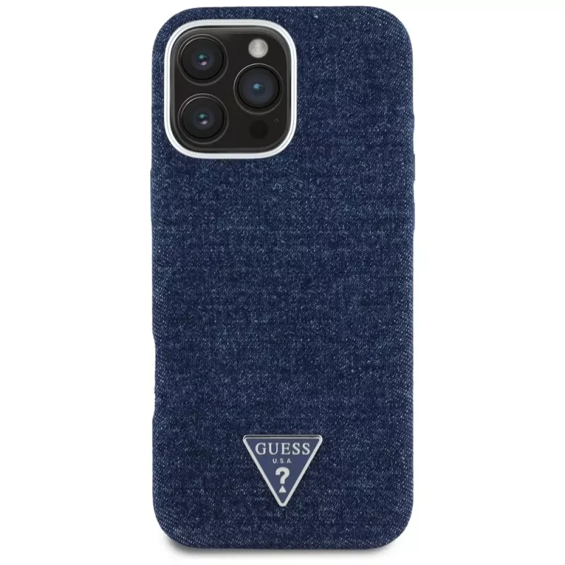 Guess Denim Triangle Logo MagSafe Case iPhone 16 Pro, sininen