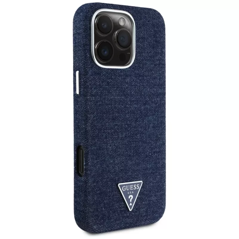 Guess Denim Triangle Logo MagSafe Case iPhone 16 Pro, sininen