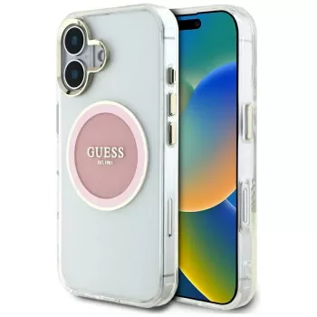 Guess IML Metal Colored Circle Classic Logo MagSafe Case iPhone 16 (pinkki)
