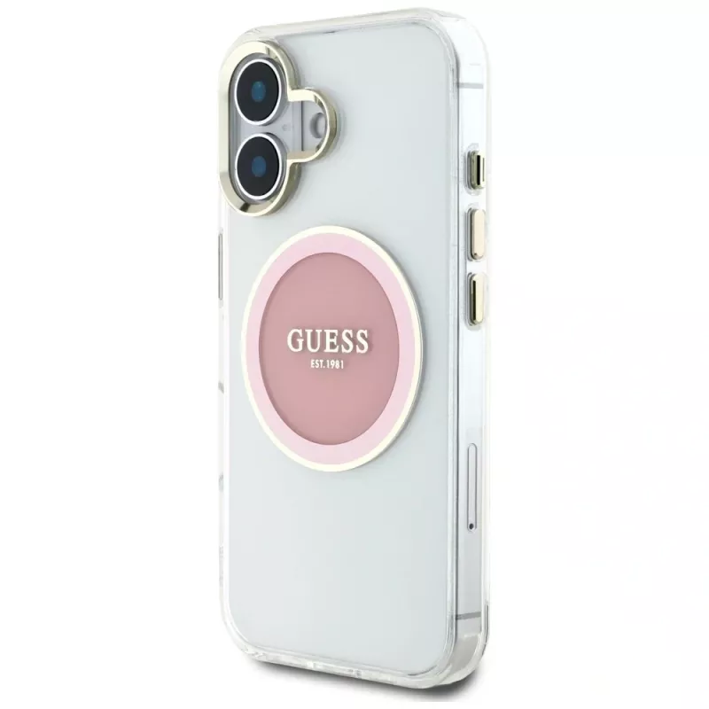 Guess IML Metal Colored Circle Classic Logo MagSafe Case iPhone 16 (pinkki)