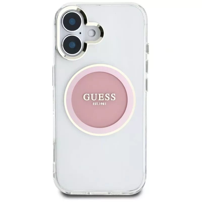 Guess IML Metal Colored Circle Classic Logo MagSafe Case iPhone 16 (pinkki)