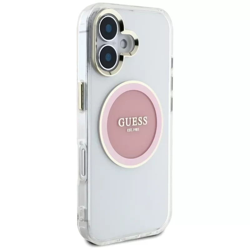 Guess IML Metal Colored Circle Classic Logo MagSafe Case iPhone 16 (pinkki)