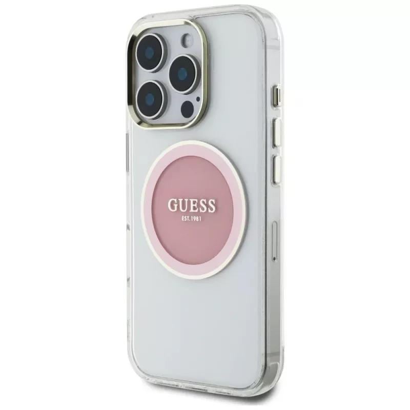 Guess IML Metal Colored Circle Classic Logo MagSafe Case iPhone 16 Pro (pinkki)