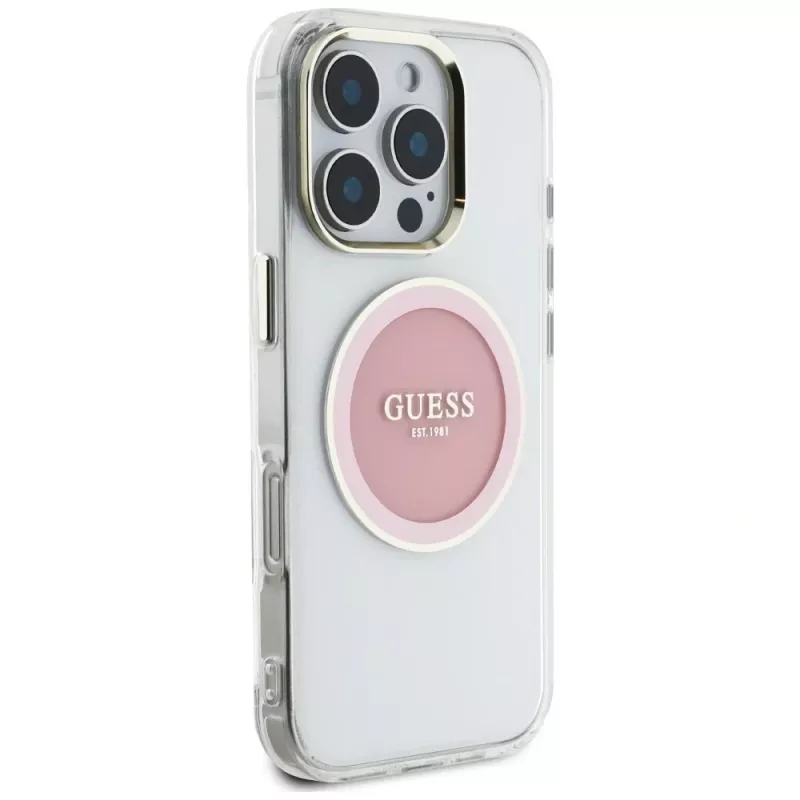 Guess IML Metal Colored Circle Classic Logo MagSafe Case iPhone 16 Pro (pinkki)