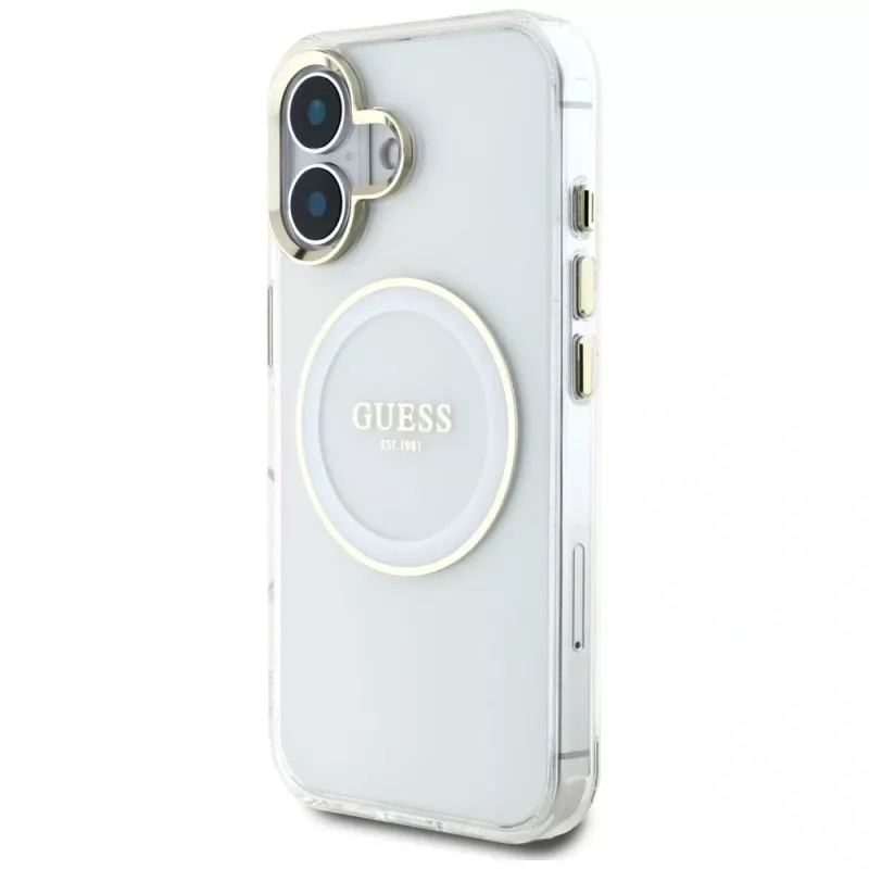 Guess IML Metal Colored Circle Classic Logo MagSafe Case iPhone 16 (valkoinen)
