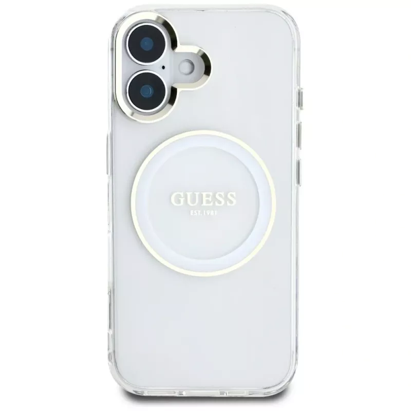 Guess IML Metal Colored Circle Classic Logo MagSafe Case iPhone 16 (valkoinen)