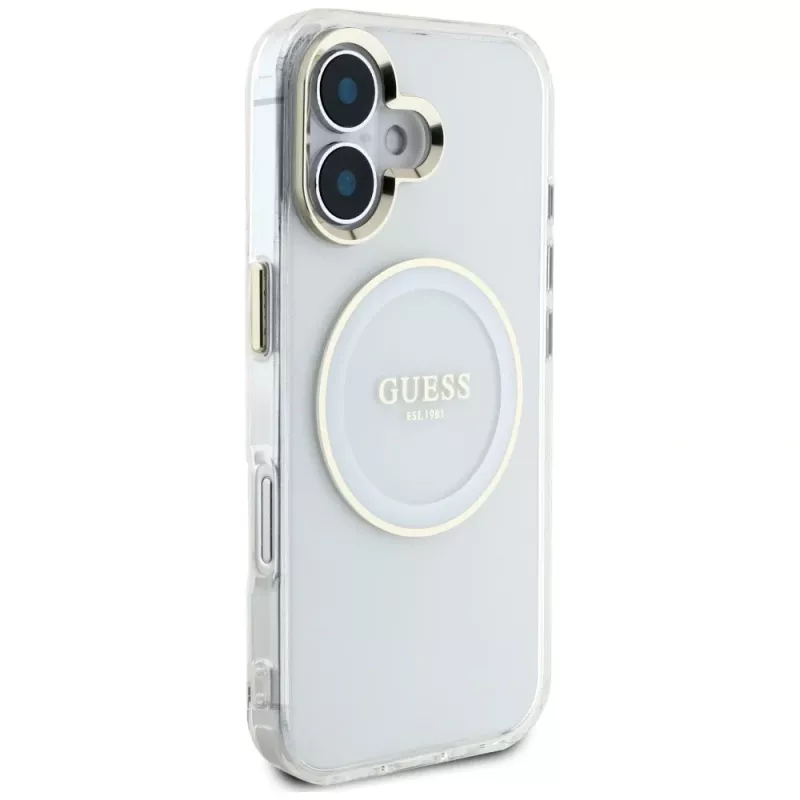 Guess IML Metal Colored Circle Classic Logo MagSafe Case iPhone 16 (valkoinen)