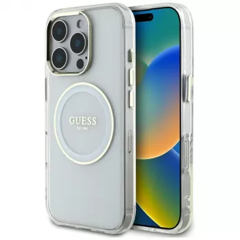Guess IML Metal Colored Circle Classic Logo MagSafe Case iPhone 16 Pro (valkoinen)