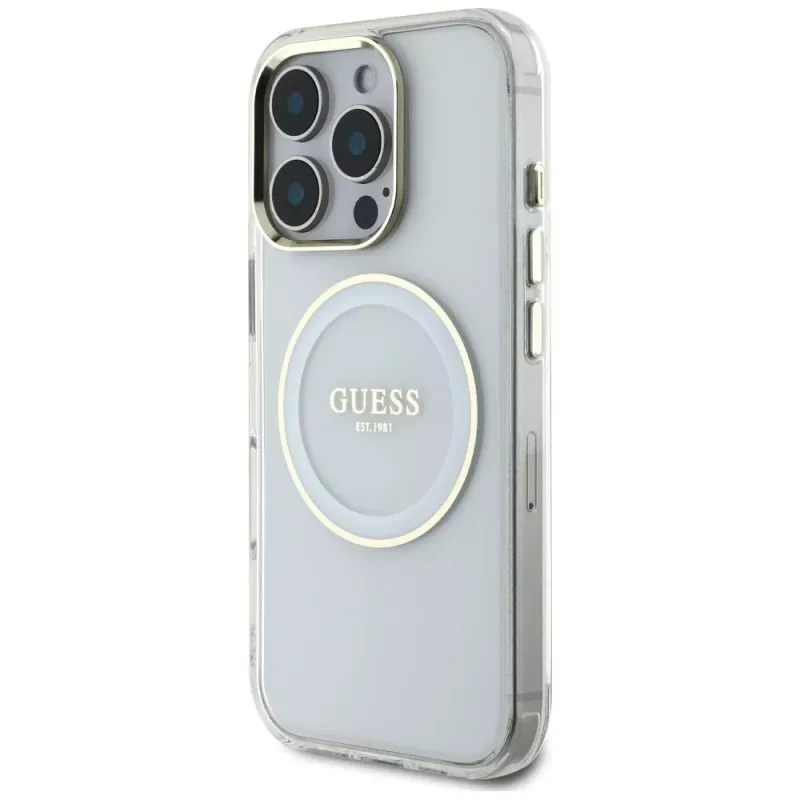 Guess IML Metal Colored Circle Classic Logo MagSafe Case iPhone 16 Pro (valkoinen)