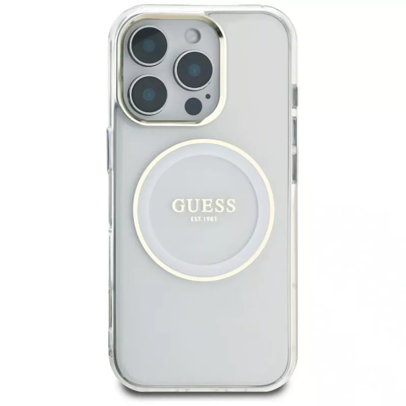 Guess IML Metal Colored Circle Classic Logo MagSafe Case iPhone 16 Pro (valkoinen)