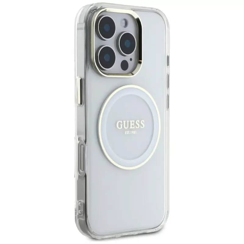 Guess IML Metal Colored Circle Classic Logo MagSafe Case iPhone 16 Pro (valkoinen)