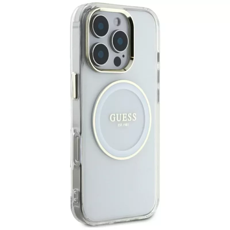 Guess IML Metal Colored Circle Classic Logo MagSafe Case iPhone 16 Pro Max (valkoinen)