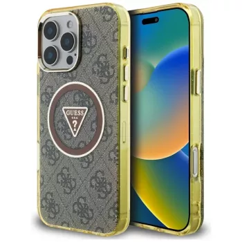Guess IML Metal Glitter 4G Circle Triangle MagSafe Case iPhone 16 Pro (ruskea)
