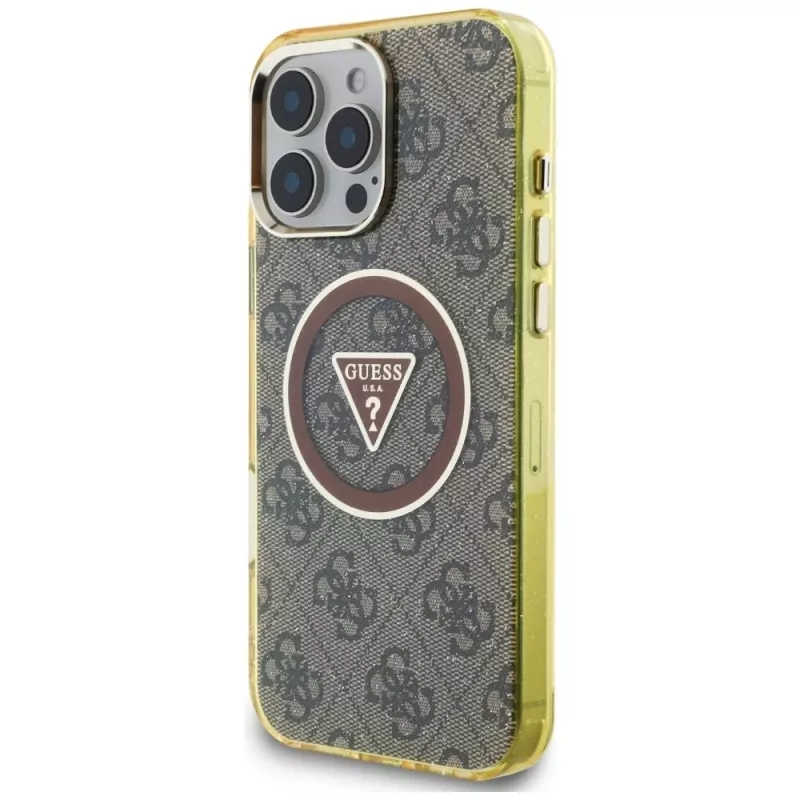 Guess IML Metal Glitter 4G Circle Triangle MagSafe Case iPhone 16 Pro (ruskea)