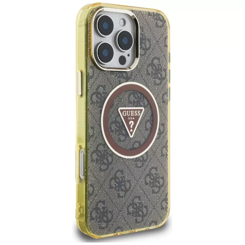 Guess IML Metal Glitter 4G Circle Triangle MagSafe Case iPhone 16 Pro Max (ruskea)
