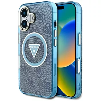 Guess IML Metal Glitter 4G Circle Triangle MagSafe Case iPhone 16 (sininen)