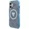 Guess IML Metal Glitter 4G Circle Triangle MagSafe Case iPhone 16 (sininen)