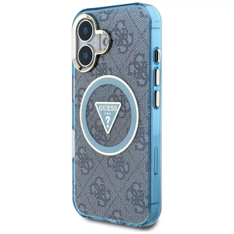 Guess IML Metal Glitter 4G Circle Triangle MagSafe Case iPhone 16 (sininen)