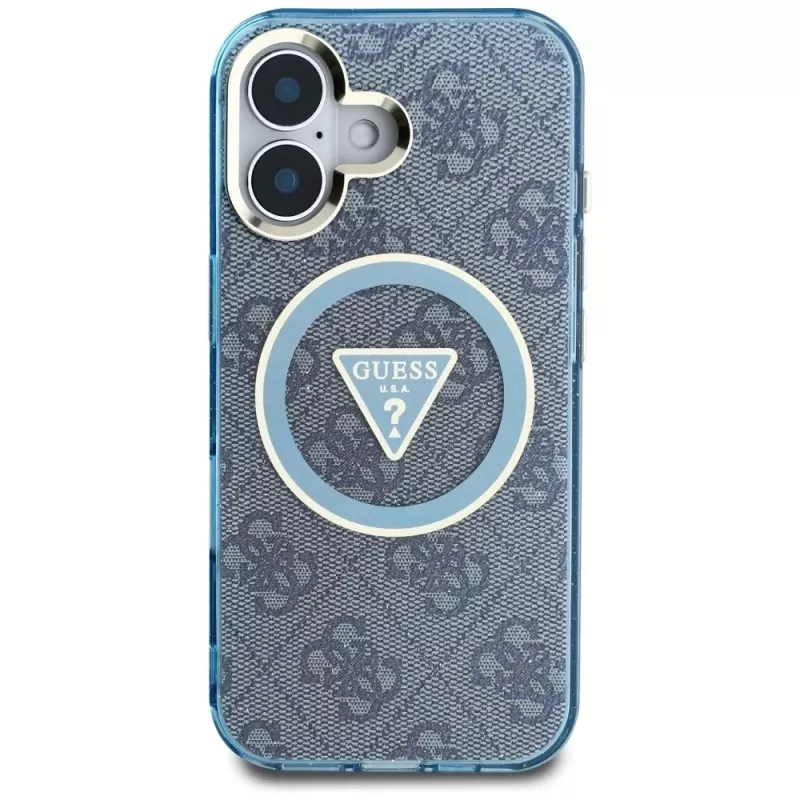 Guess IML Metal Glitter 4G Circle Triangle MagSafe Case iPhone 16 (sininen)