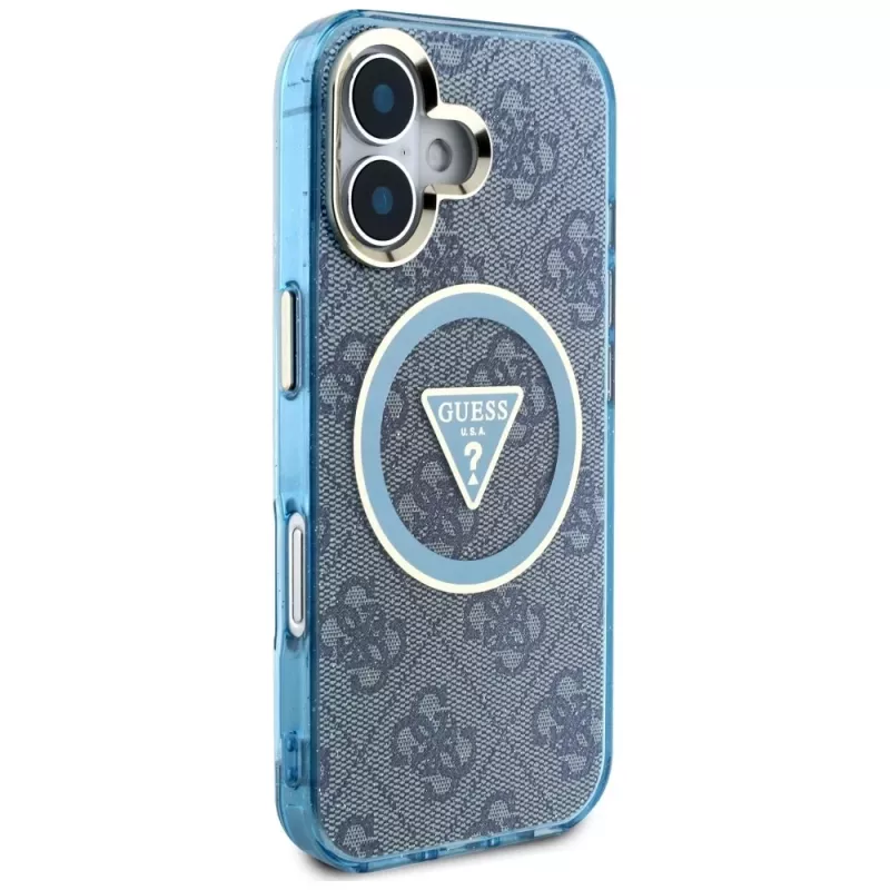 Guess IML Metal Glitter 4G Circle Triangle MagSafe Case iPhone 16 (sininen)