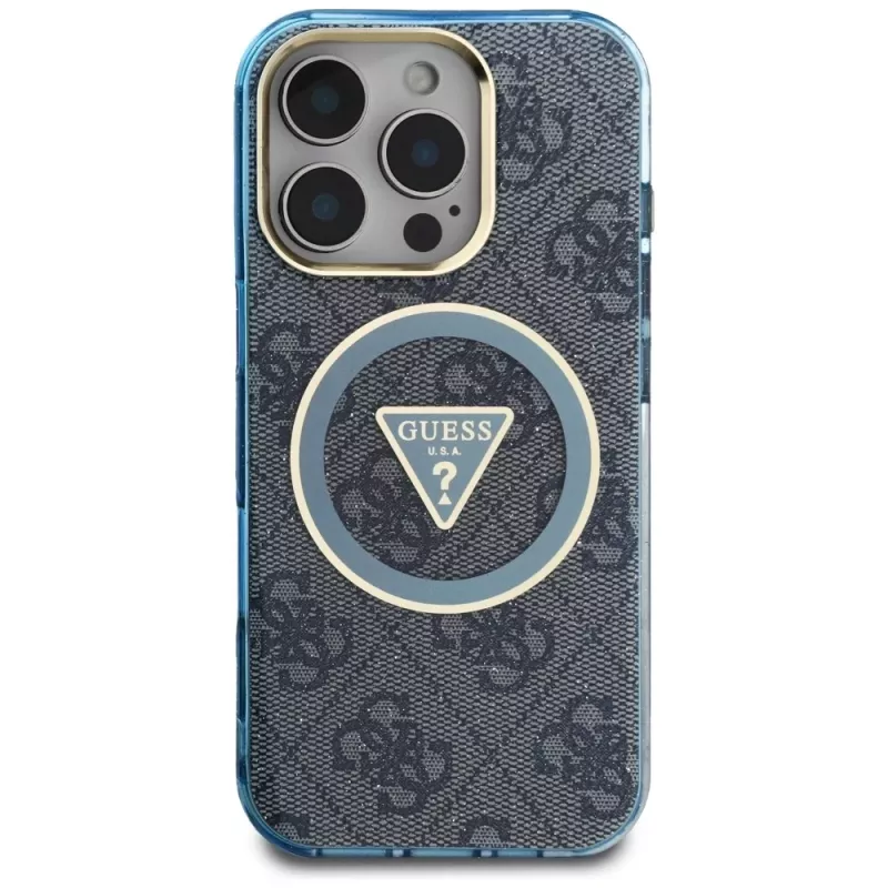 Guess IML Metal Glitter 4G Circle Triangle MagSafe Case iPhone 16 Pro Max (sininen)