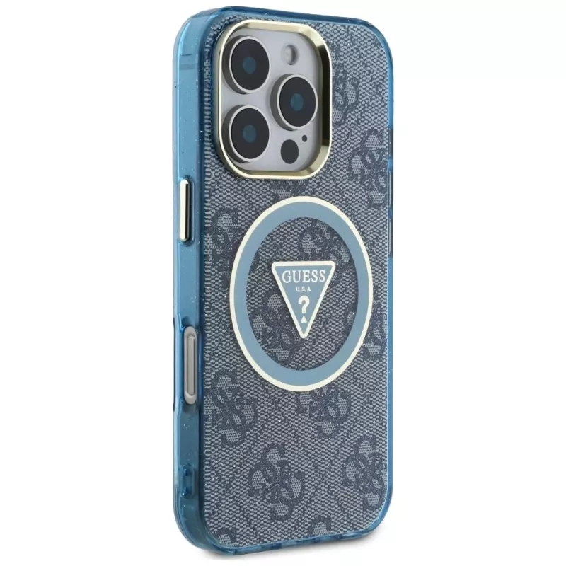 Guess IML Metal Glitter 4G Circle Triangle MagSafe Case iPhone 16 Pro Max (sininen)