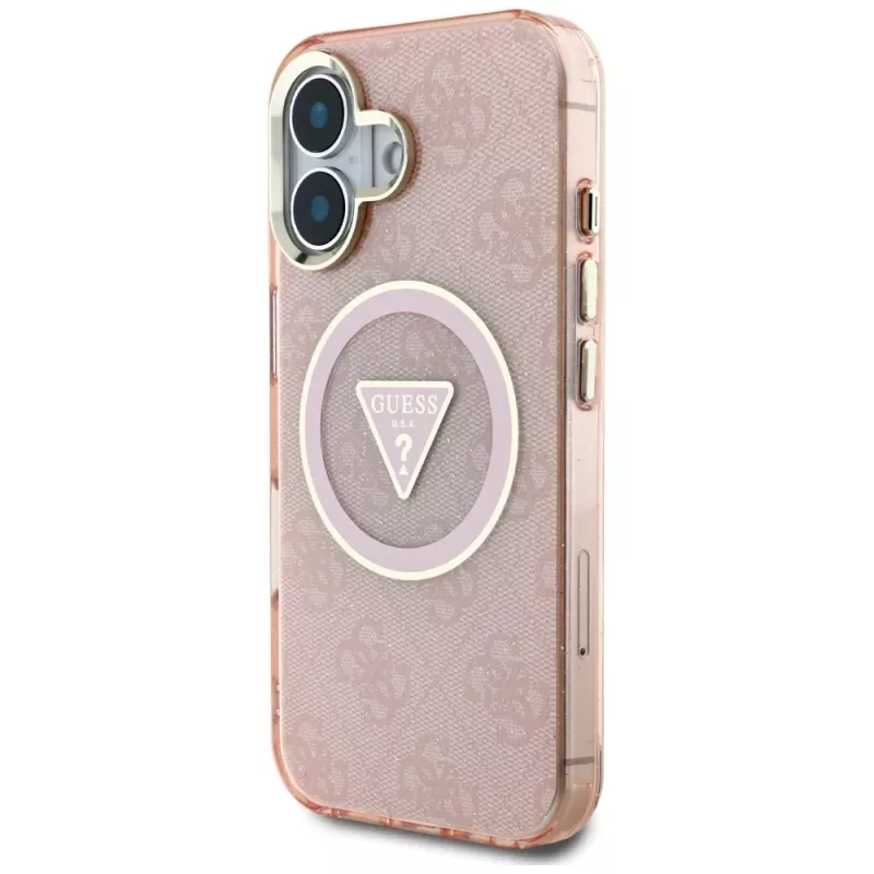 Guess IML Metal Glitter 4G Circle Triangle MagSafe Case iPhone 16 (pinkki)