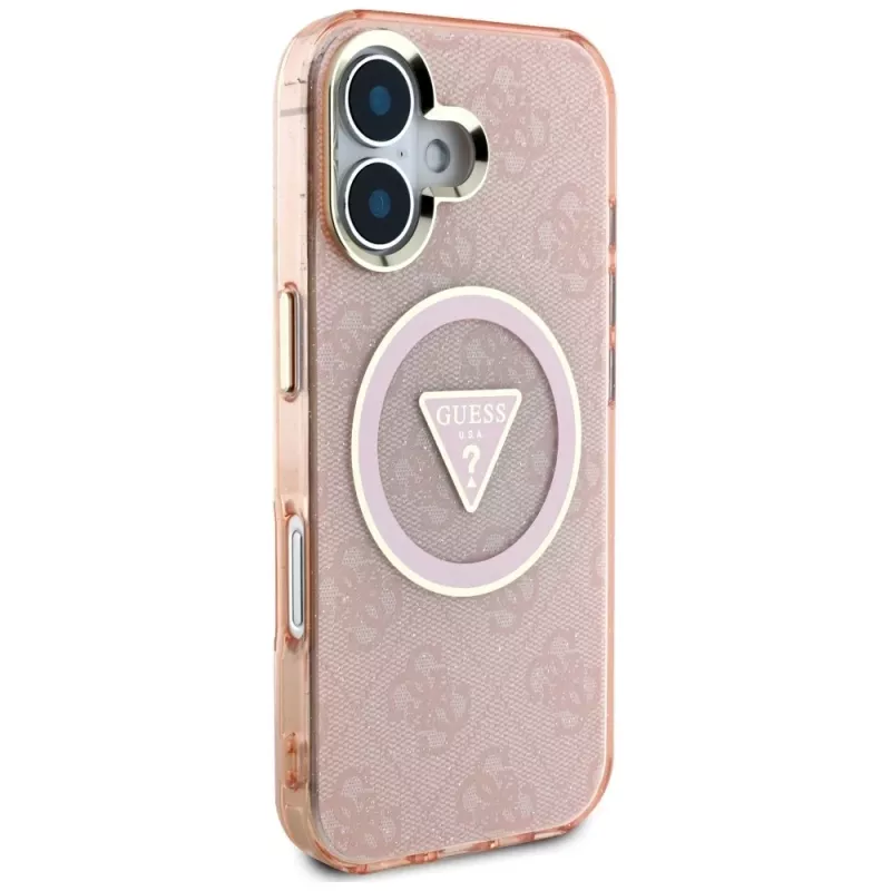 Guess IML Metal Glitter 4G Circle Triangle MagSafe Case iPhone 16 (pinkki)