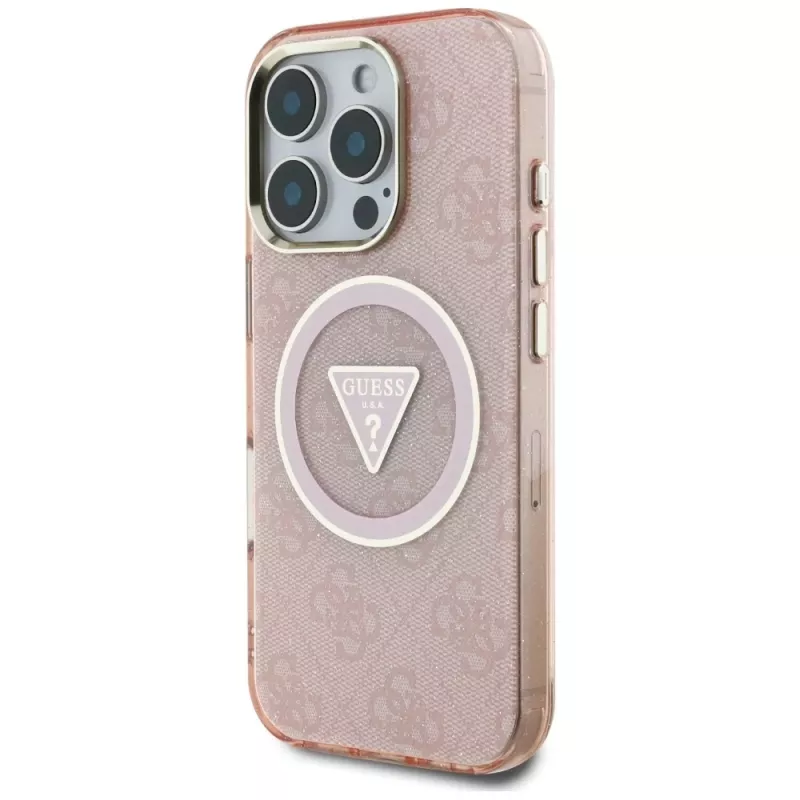 Guess IML Metal Glitter 4G Circle Triangle MagSafe Case Apple iPhone 16 Pro Max (pinkki)