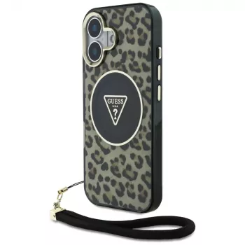 Guess HC IML Leopard Triangle Case iPhone 16 nauhalla, ruskea, MagSafe