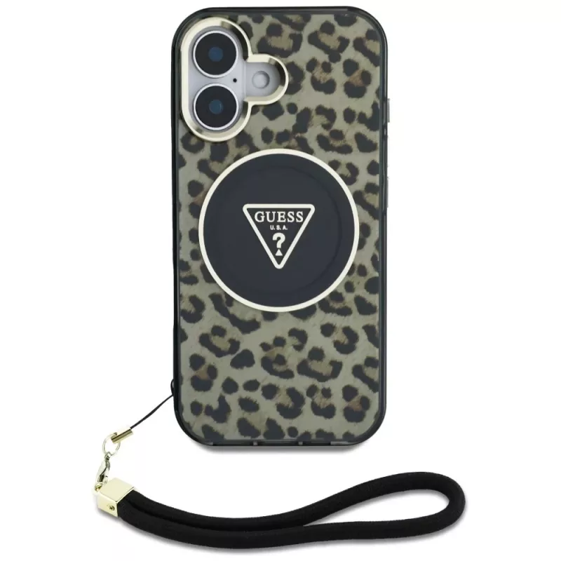 Guess HC IML Leopard Triangle Case iPhone 16 nauhalla, ruskea, MagSafe