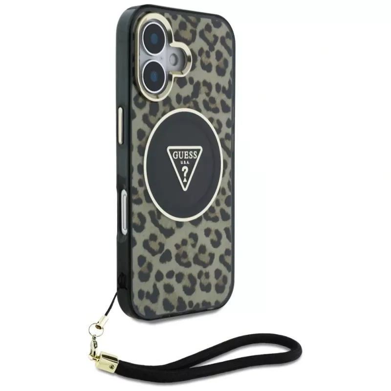 Guess HC IML Leopard Triangle Case iPhone 16 nauhalla, ruskea, MagSafe