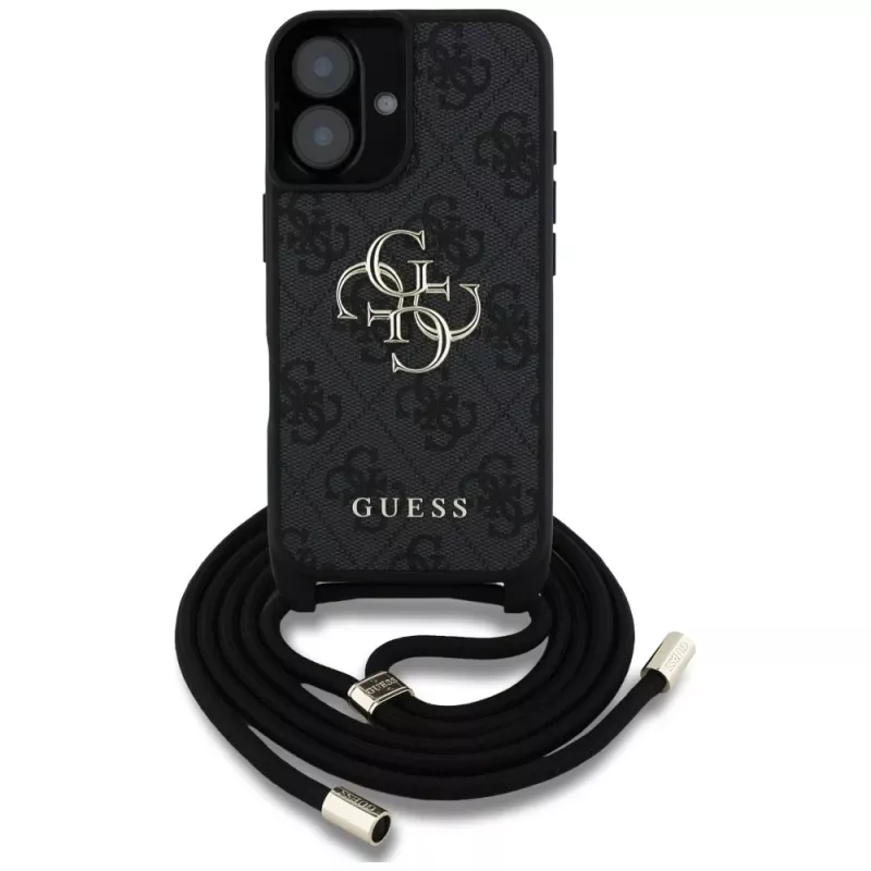 Guess 4G Big Logo Cord Strap Crossbody Case iPhone 16, musta